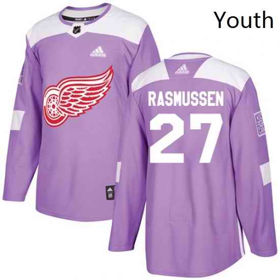 Youth Adidas Detroit Red Wings 27 Michael Rasmussen Authentic Purple Fights Cancer Practice NHL Jersey